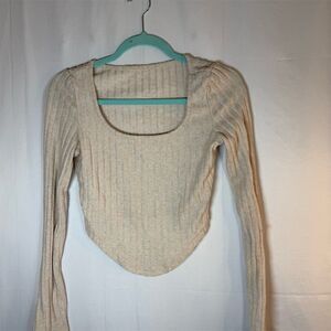 SHEIN Cropped Top Womens Size S Beige Ribbed Knit Square Neck Long Sleeve